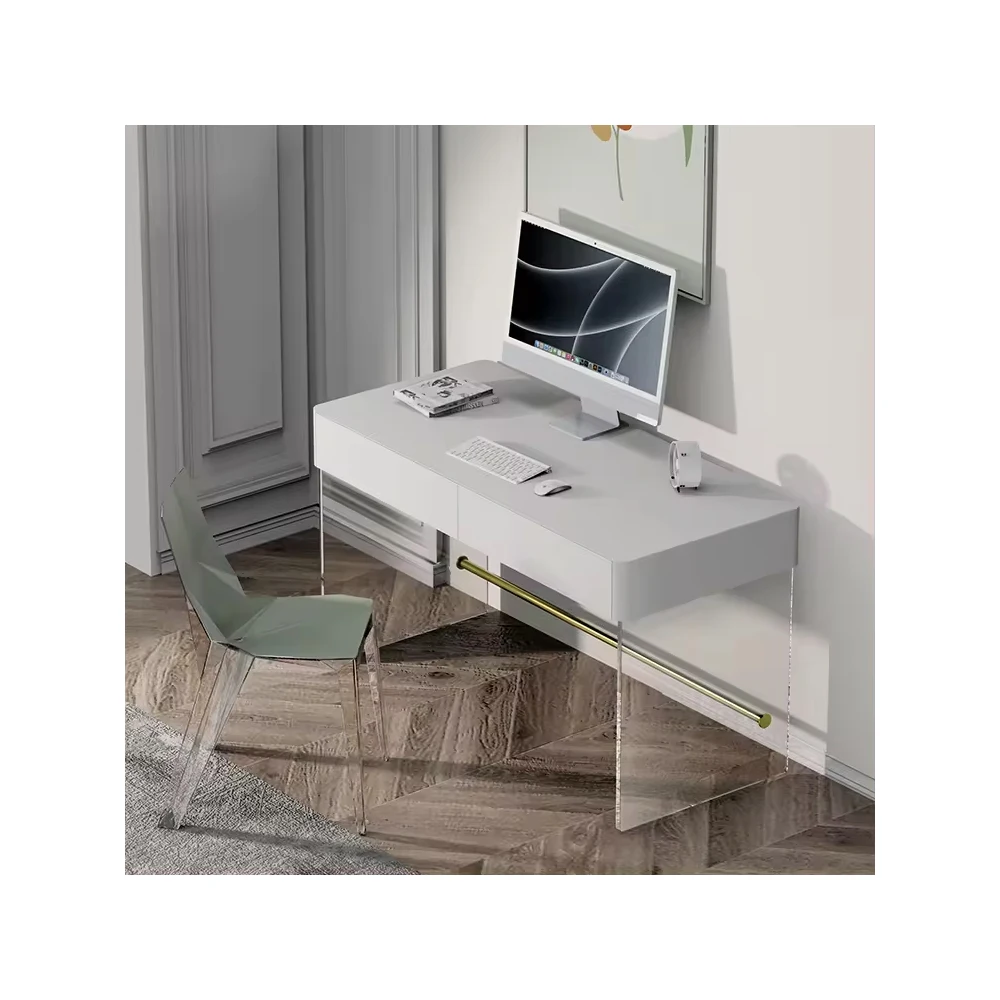 Layer Board White Two Drawers Wooden Office Computer Table Dresser Acrylic  Desk