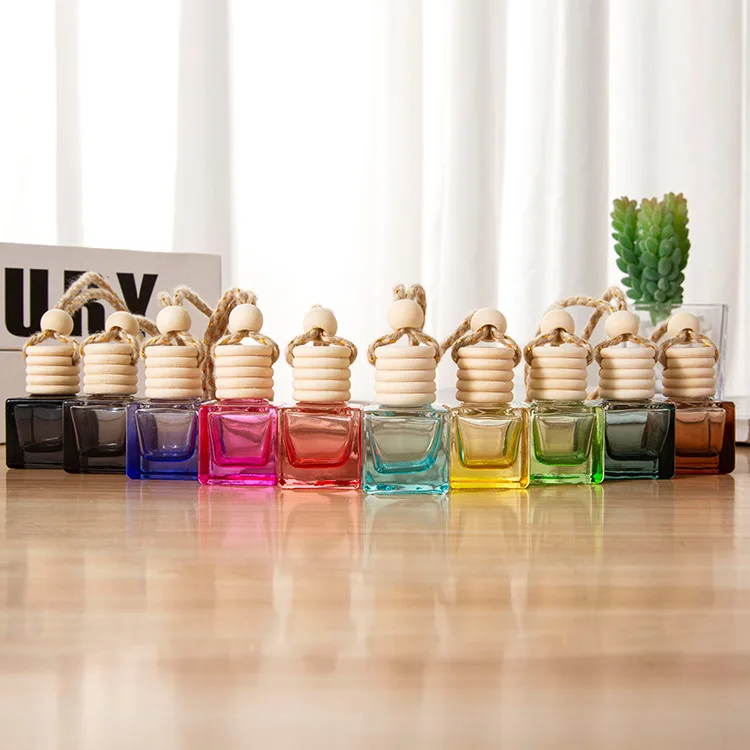 New Arrival Square Shape Glass Empty Car Perfume Bottle Hanging 8ML Diffuser Bottle With Hemp Lanyard