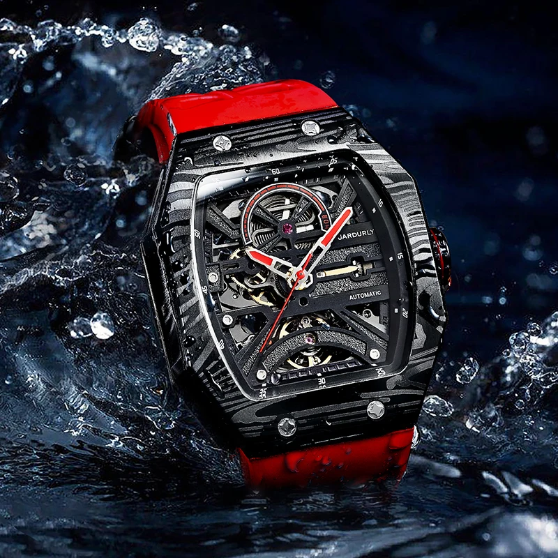 JINLERY Square Skeleton Automatic Mechanical Watch with  Waterproof Luminous Sapphire Mirror Wrist Watches For Man