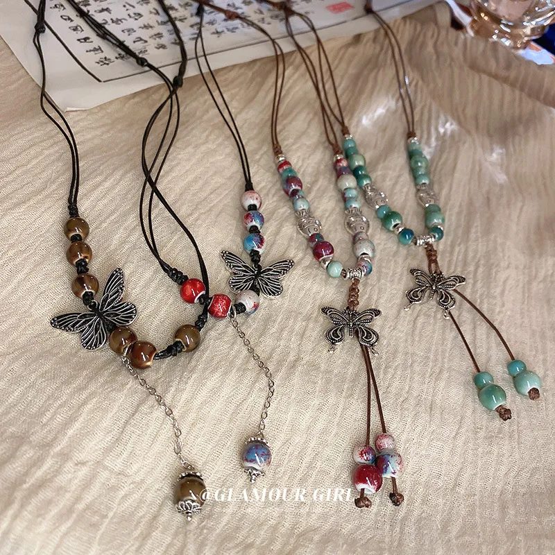 New Chinese Ceramic Tassel Multi-Layer Braided Rope Necklace National Fashion Retro Clavicle Chain All-Matching Women