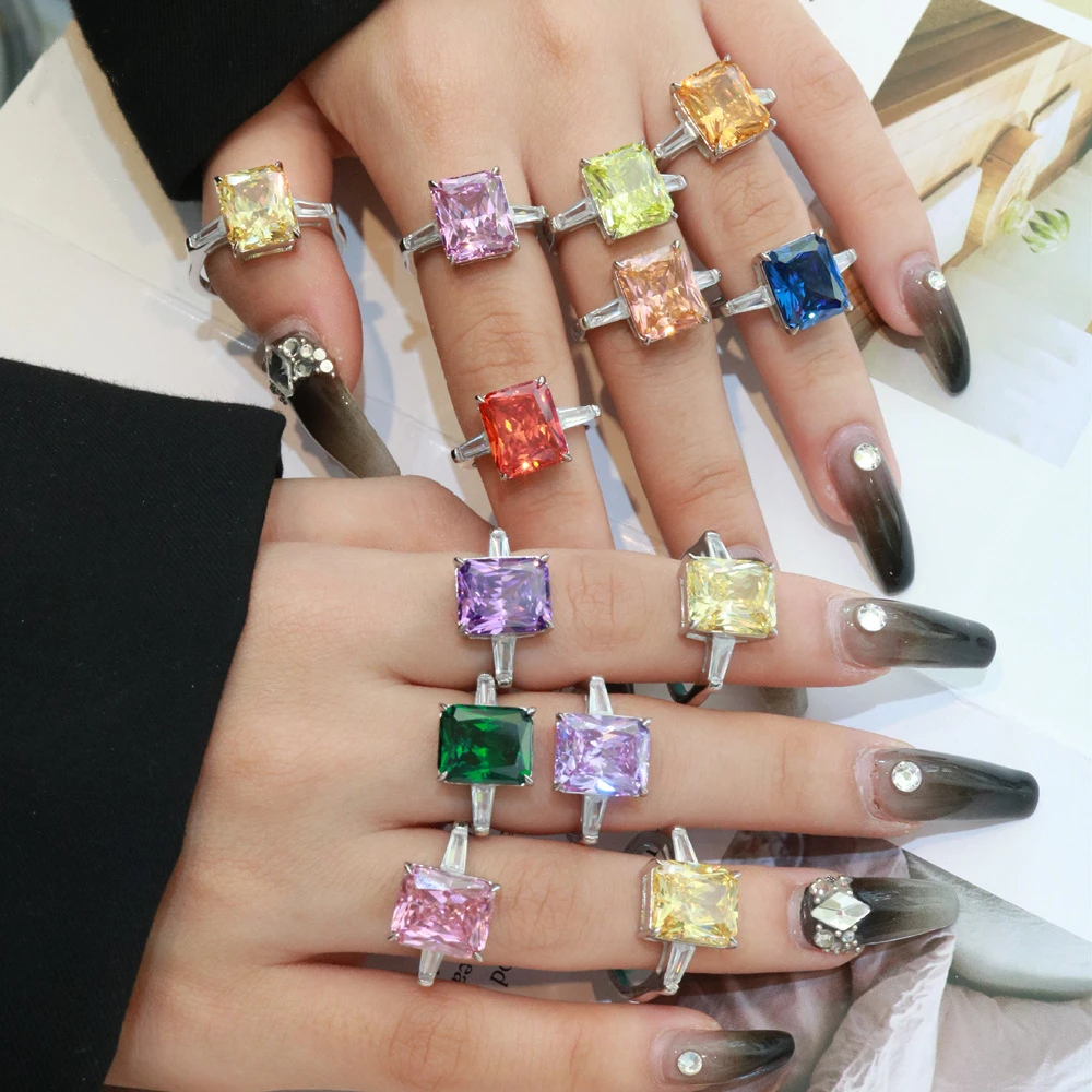 Trendy 925 Sterling Silver Wedding Rings Radiant Cut Diamond 10mm*12mm Royal Blue Emerald 5A Cubic Zirconia Fine Jewelry Rings