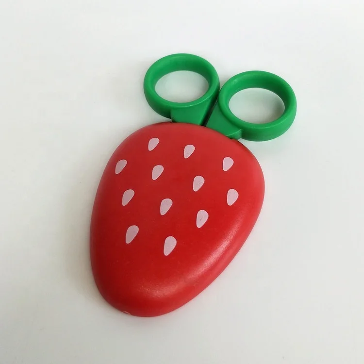 Strawberry shape children scissor with magnetic cover green color handle with magnet cover scissor for student scissors