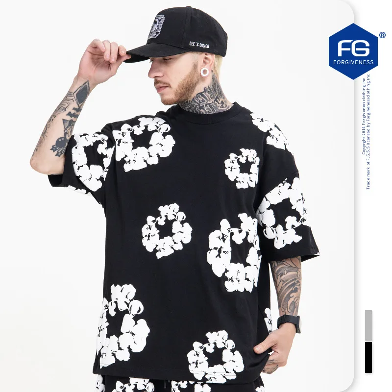 Ready to ship American retro unisex o neck Hip Hop Hip hop foam print cotton Heavyweight summer short sleeves t shirt for men