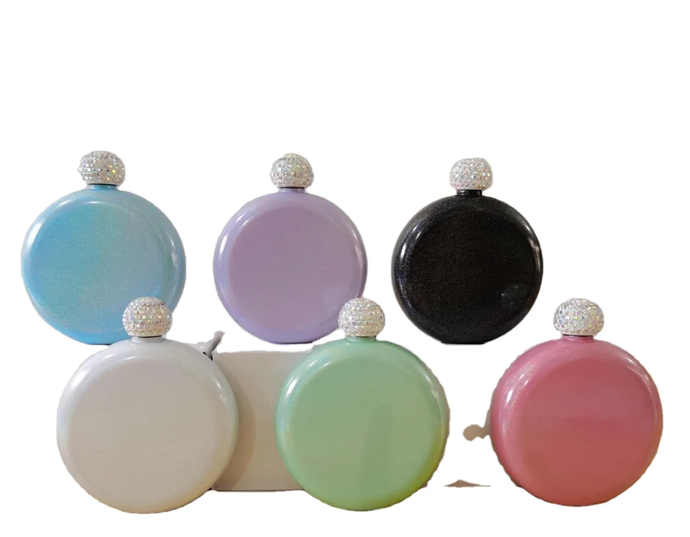 5oz Portable Round Small Flask Gift Glitter Colorful Round Shape Whiskey Flagon Rhinestone Lid Stainless Steel Mini Hip Flask