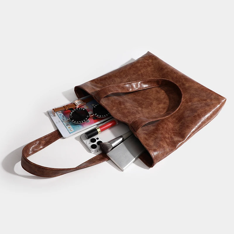 High Quality Brown Eco Friendly PU Leather Women Tote Bag Large Capacity Shoulder Handbags For Wome