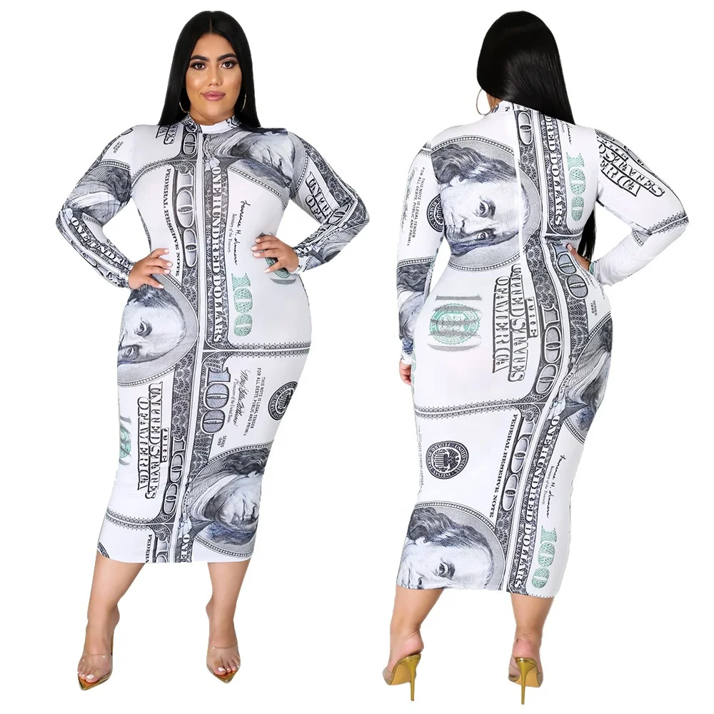 Z04377 Fashion 5XL Casual Plus Size Dollar Dress O Neck Long Sleeve Bodycon Plus Size Elegant Maxi Money Dress