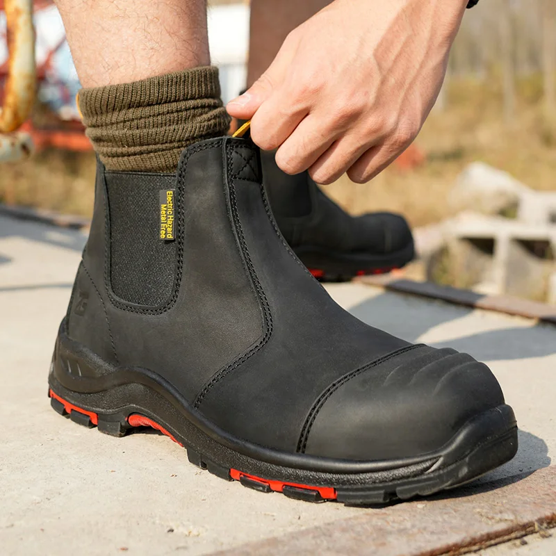 ZG L603 High Quality Chelsea Yellow Work Shoes Dark Brown Coffee Color Crazy Horse Safety Boots, Composite Toe Work Safety Boots