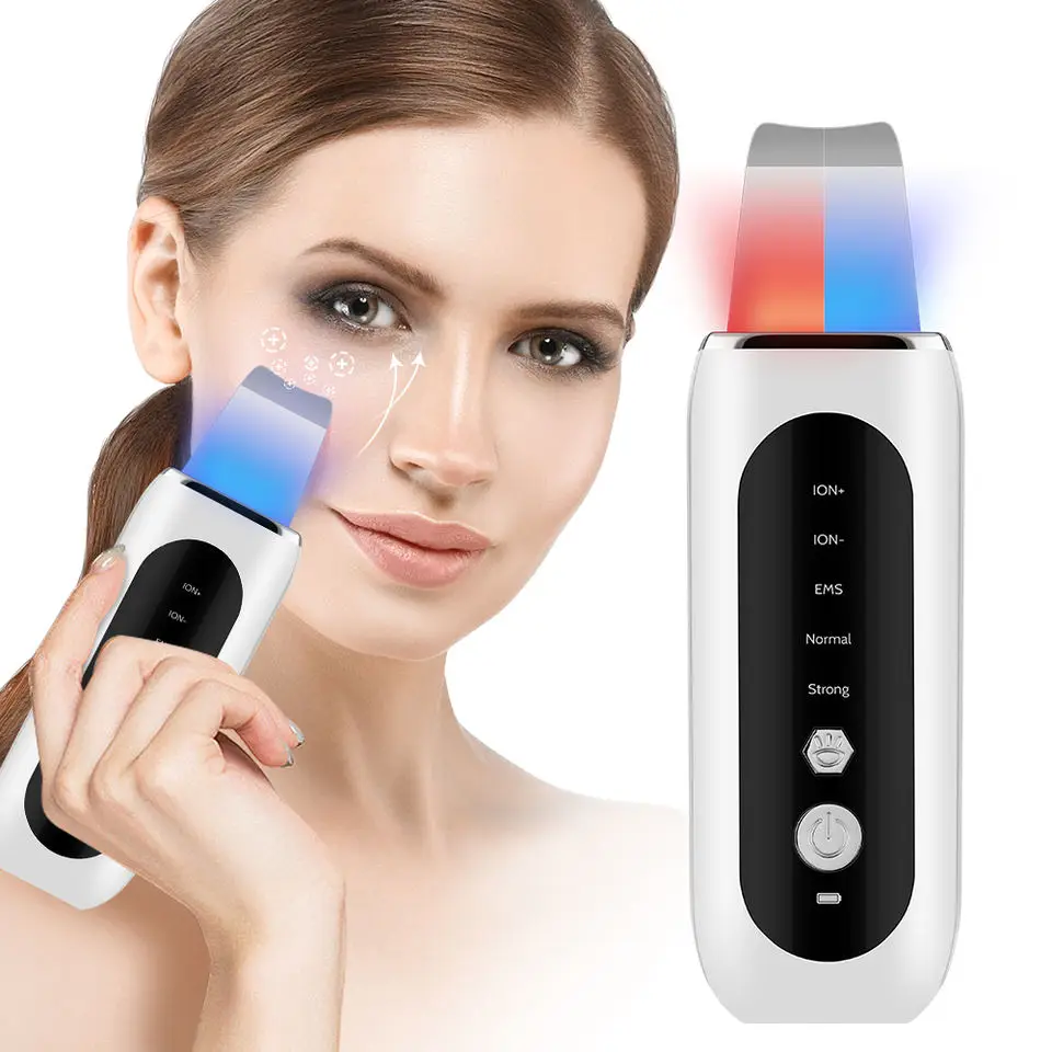 Hot Sale Portable Ultrasonic Face Clean Pore Spatula Deep Cleaning Exfoliator Red Blue Light Ultrasonic Facial Skin Scrubber