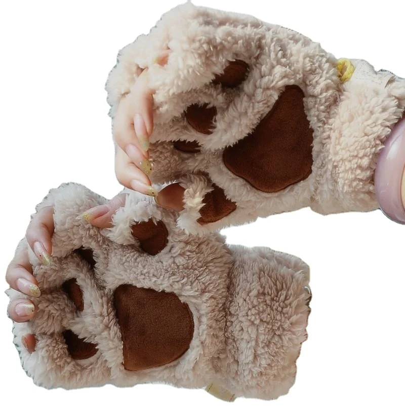 Hot selling Cat claw gloves winter cute cartoon cat girl fingerless gloves thickened plush bear paw half finger gloves