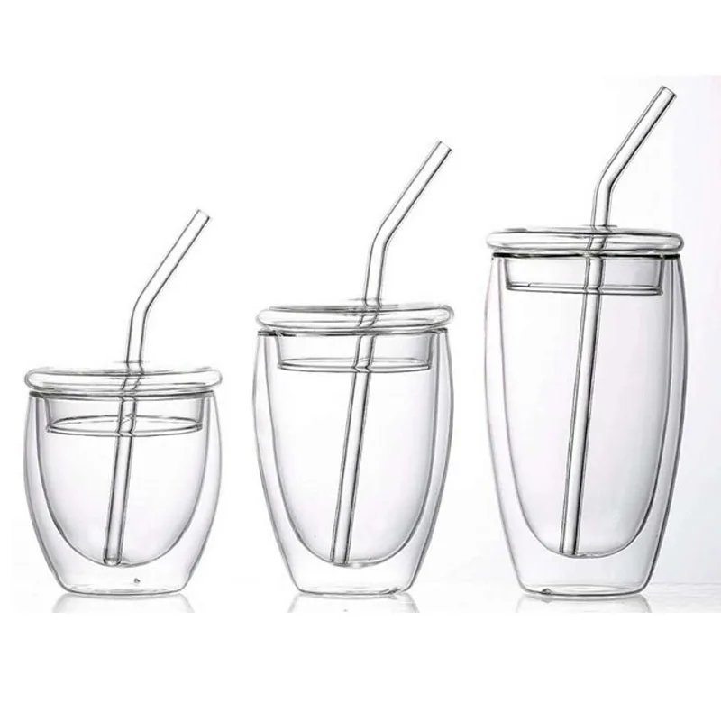 
Hot Product 250ml/350ml/450ml Glass cup double wall with lid straw coffee mug tea cup drinking water bottles 