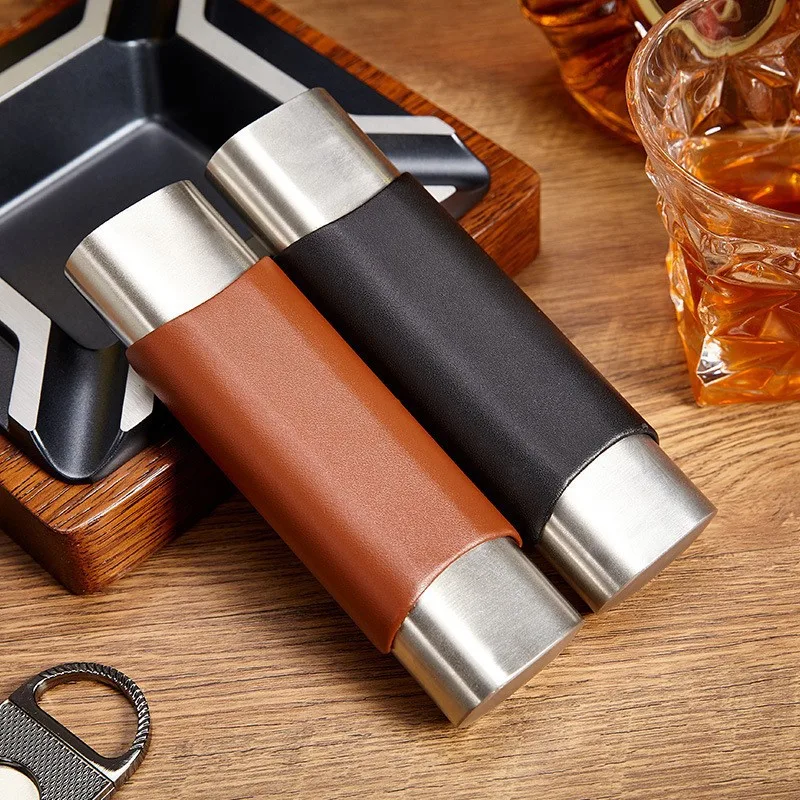 Portable Travel Genuine Leather Cigar Case With Stainless Steel Cigar Humidor Holds 2 Pcs Cigar Tube