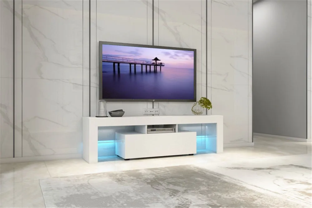
200CM TV Stand Cabinet LED Light High Gloss with Storage Cupboards & Glass Shelf Living Room Furniture 