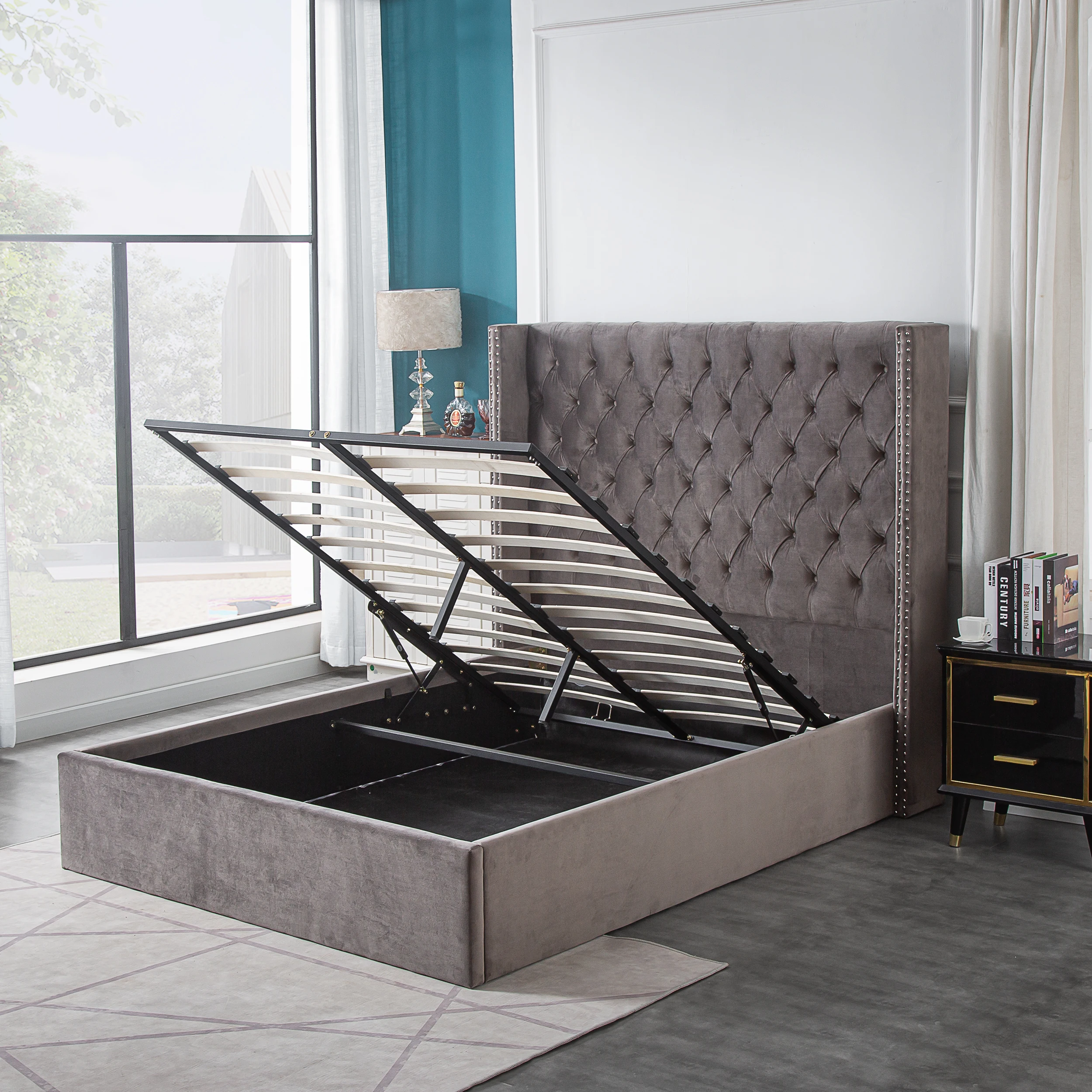 Best seller  modern design double queen King size  lift up  velvet fabric Storage bed
