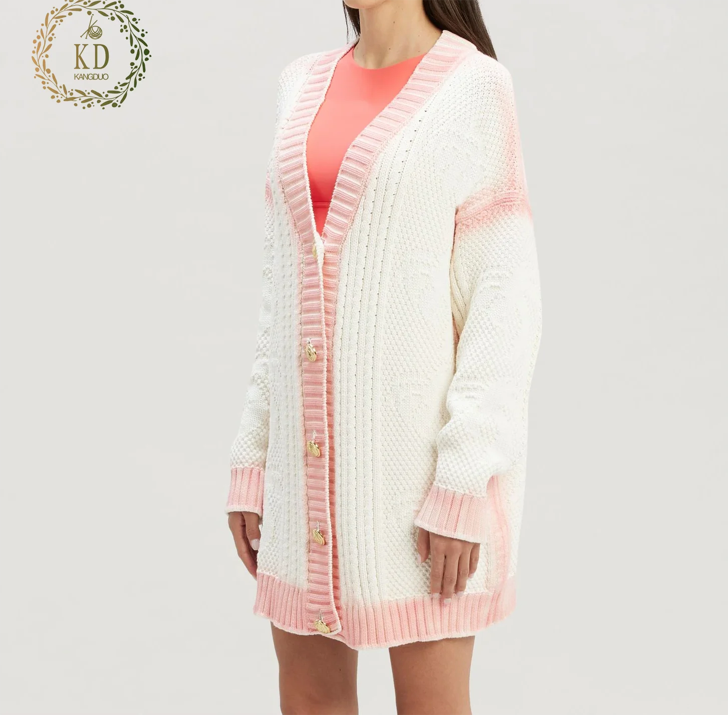 KD Knit Manufacturer Custom Designer Pattern Drop Shoulder Oversize Cable Spray Paint Neon Pink Sweater Cardigan