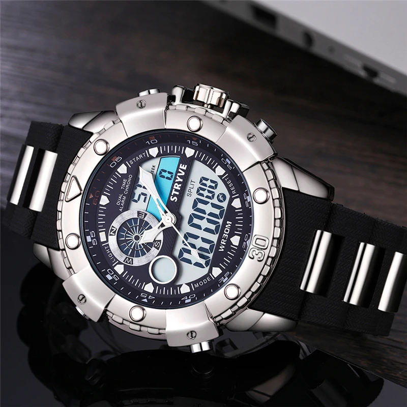 Multifunction Sports Watch Men Big Dial Stryve Brand Luxury Double Time Waterproof Dive Quartz Analog Digital Led Watch