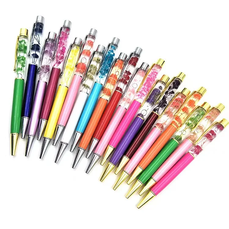Japan Popular DIY Empty Tube 3D Floater Dried Flowers Ball Pen Liquid Glitter Blank Herbarium Dry Flower Floating Ballpoint Pen