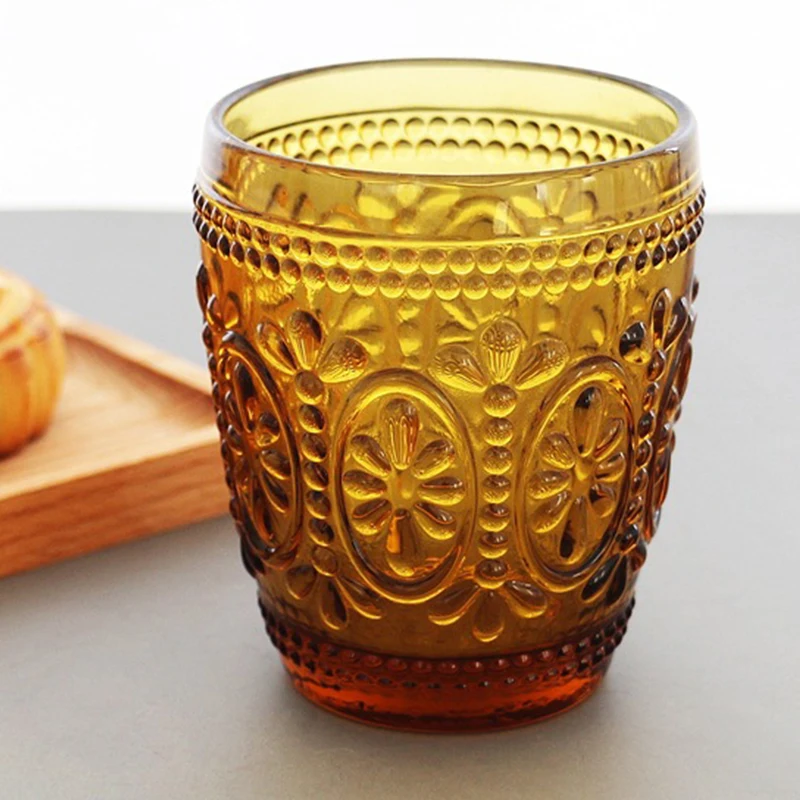 European Style Glass Creative Retro Embossed Pattern Color Crystal Water Cup Breakfast Milk
