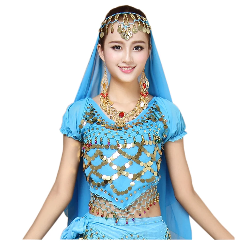Women Short Sleeve Chiffon Crocheted Colored bell sequins coin Blouses for lady Indian belly dancing Performance Top costumes