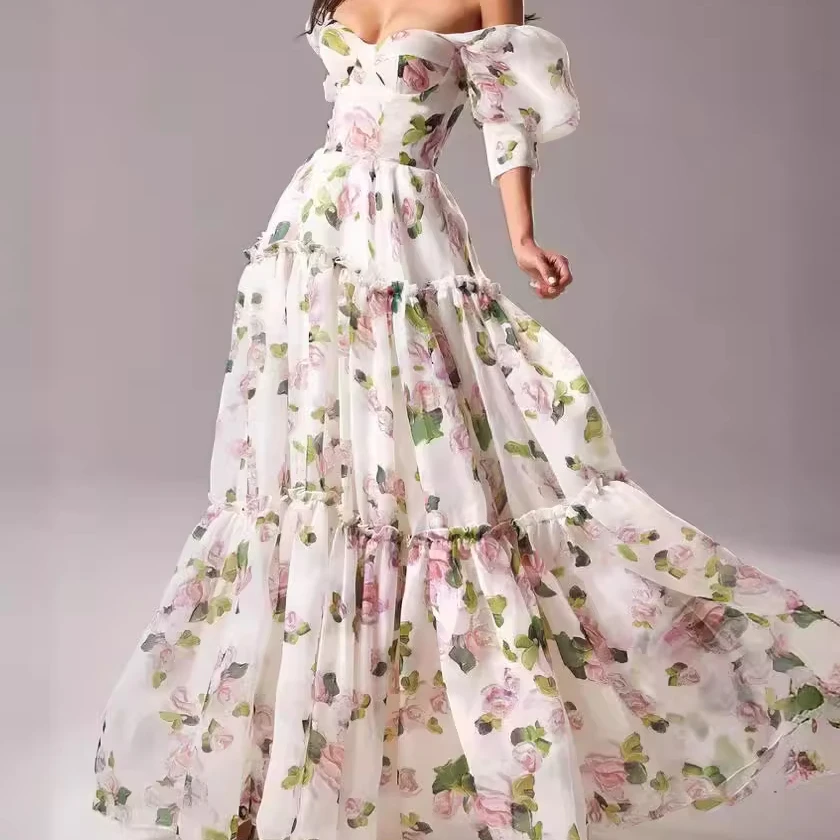 2024 New Hot Sell Easter Prom Dress Women Elegant Evening Dresses Floral Print Lined Smocking Pleated Evening Dress