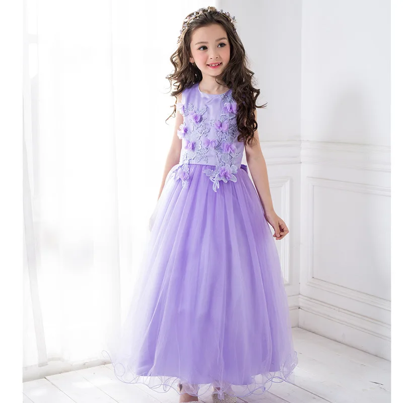 Purple Sleeveless Embroidery Lace Applique Flower Girl Dresses for Wedding