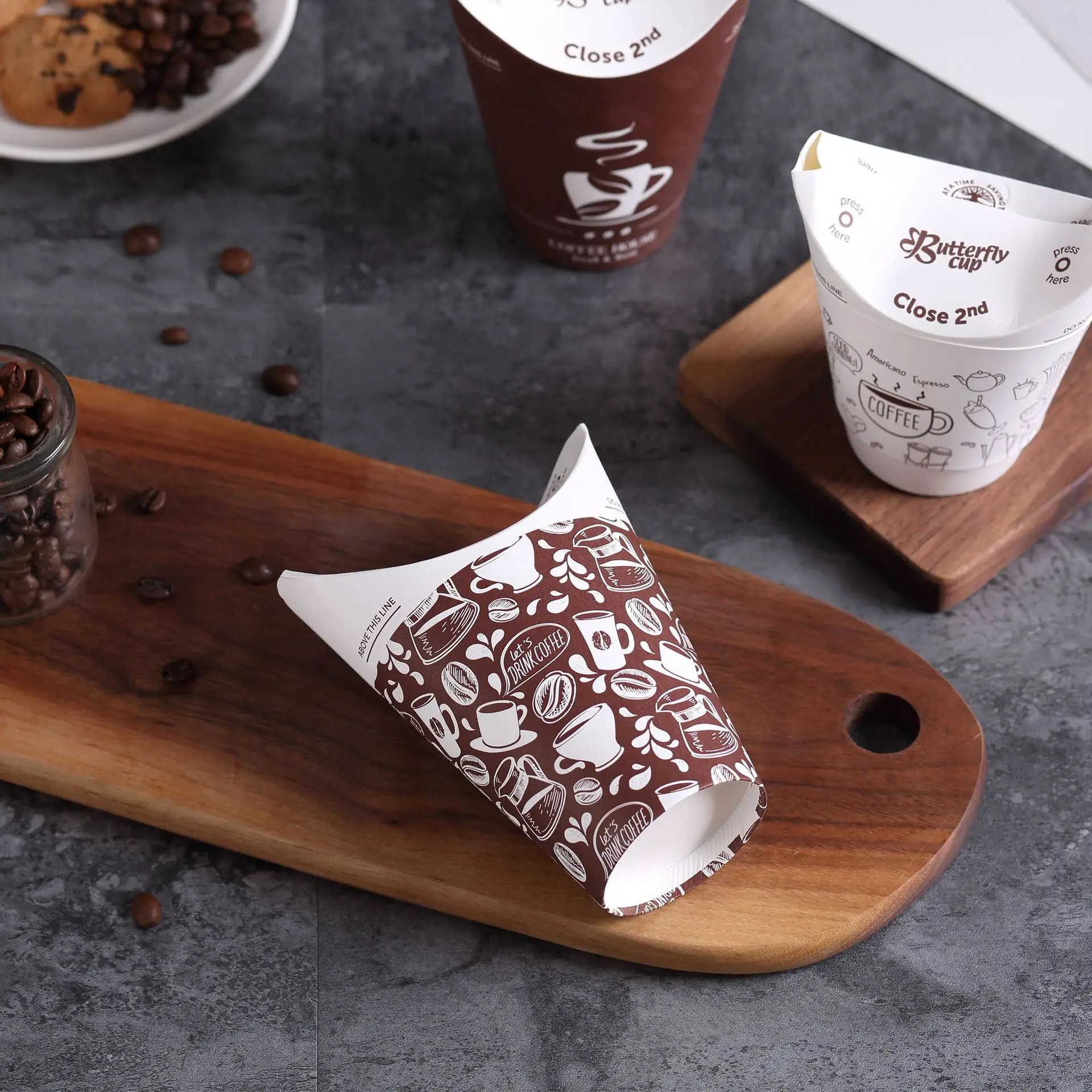 Custom disposable hot drink coffee milk tea paper cup takeout chicken rice french fries fried chicken butterfly paper cup