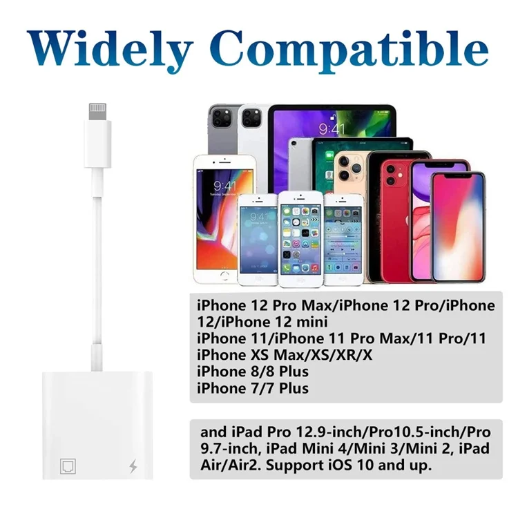 Lighting to RJ45 Adapter 2 in 1 Ethernet LAN Network Adapter with Charge Port for iPhone/iPad/iPod Plug and Play