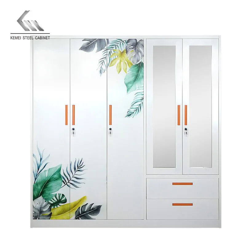 Steel Metal Wardrobe Iron Sheet Wardrobe Hot Selling Item with 5 Unidirectional Flat Doors and 2 Drawers with Mirrors