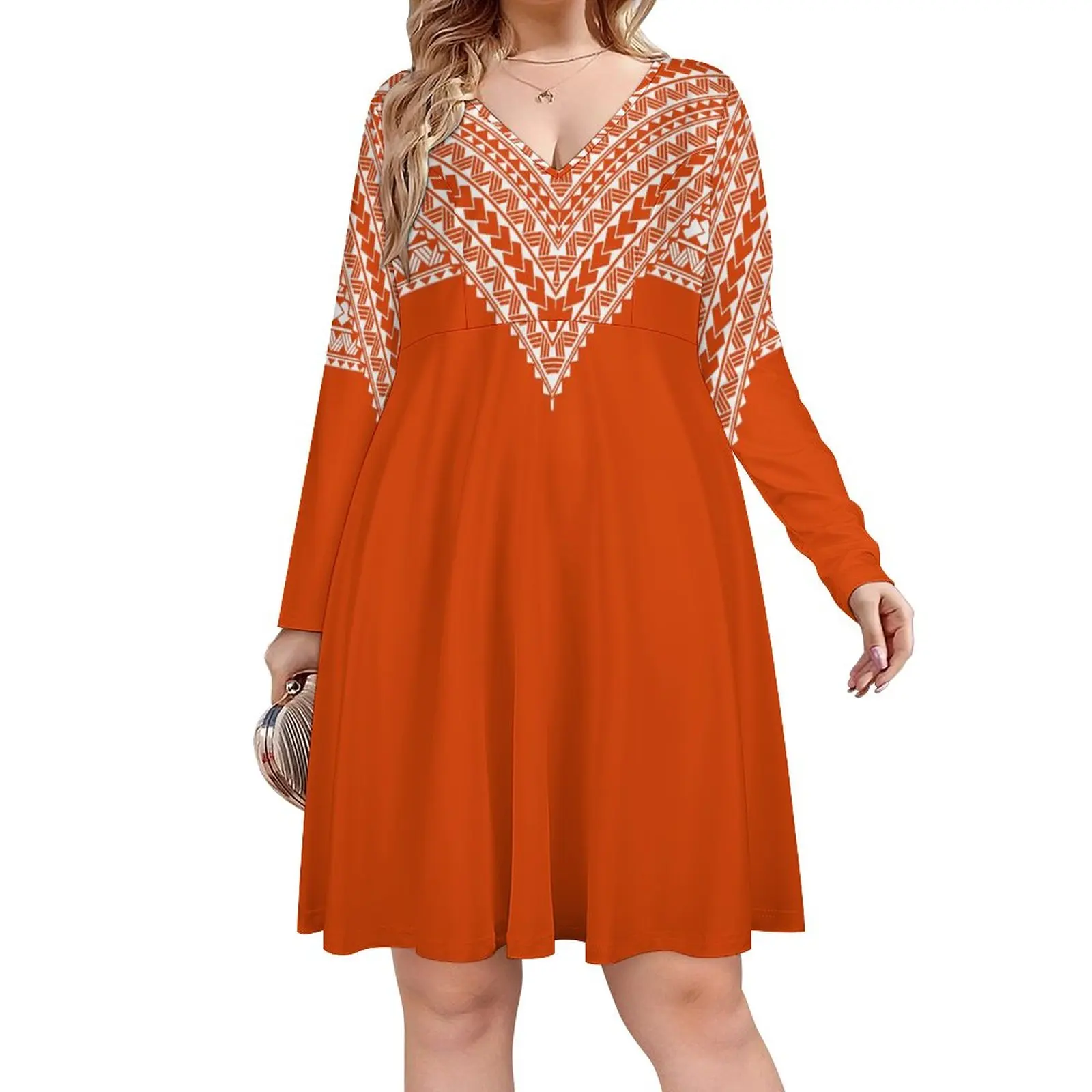 2023 New Fall Long Sleeve Big V Neck Ladies Mini Dress Red Polynesian Tattoo Print Island Dress Custom Plus Size Womens Dress