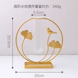 Home decoration nordic luxury ginkgo leaf iron glass hydroponics flower arrangement metal vase