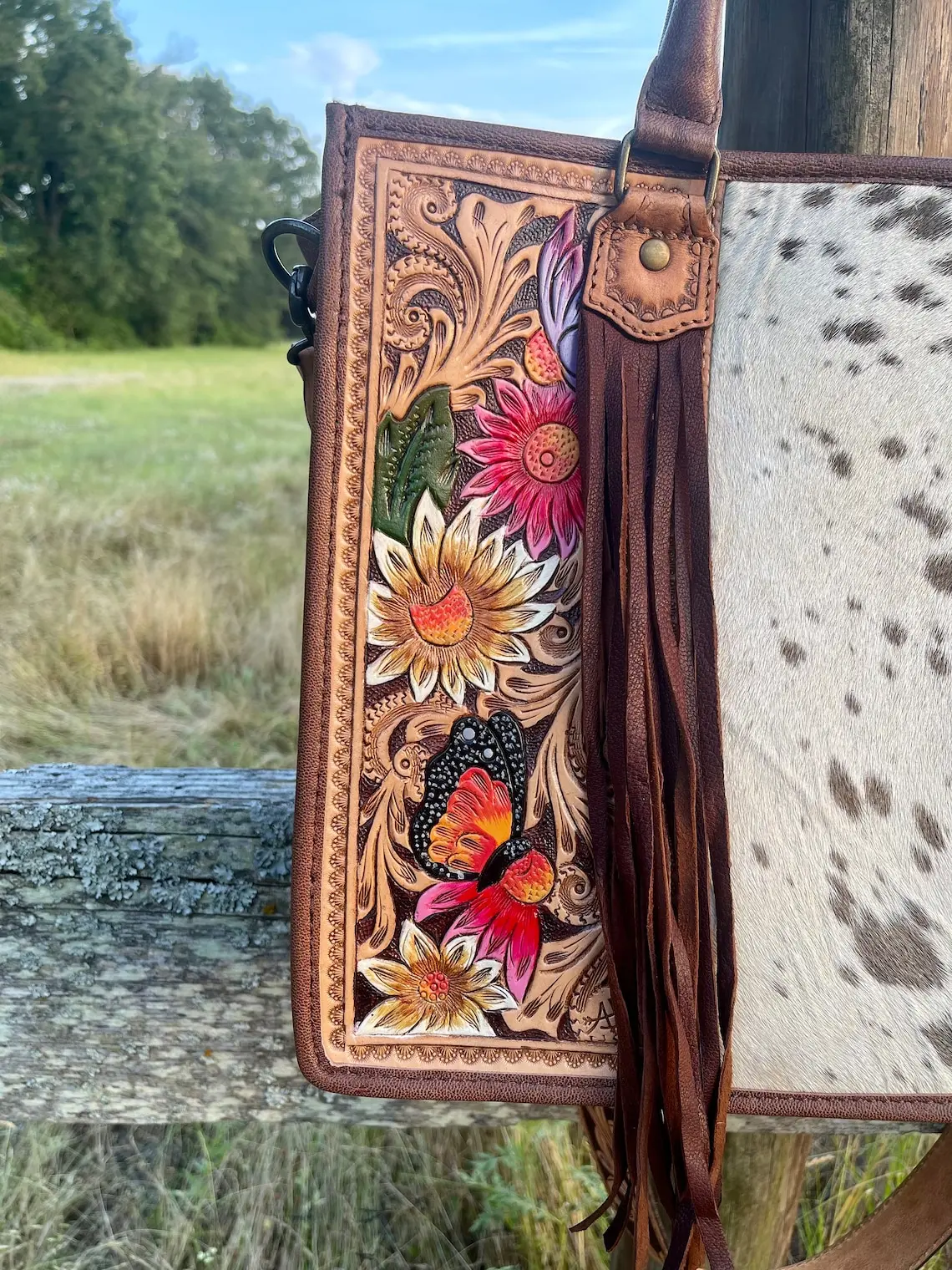 Western Hand Tooled Leather Purse Hair on Cowhide American Darling Western Crossbody Purse Laptop Handbag Wholesale Manufacturer