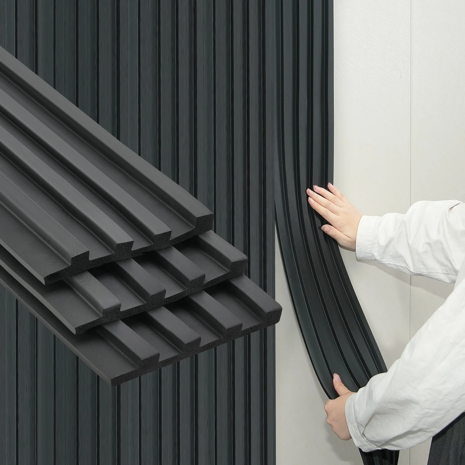 Flexible fluted black wall panels 9.84ft*5.91in self adhesive 3D wallpaper wall tiles sticker For home decor