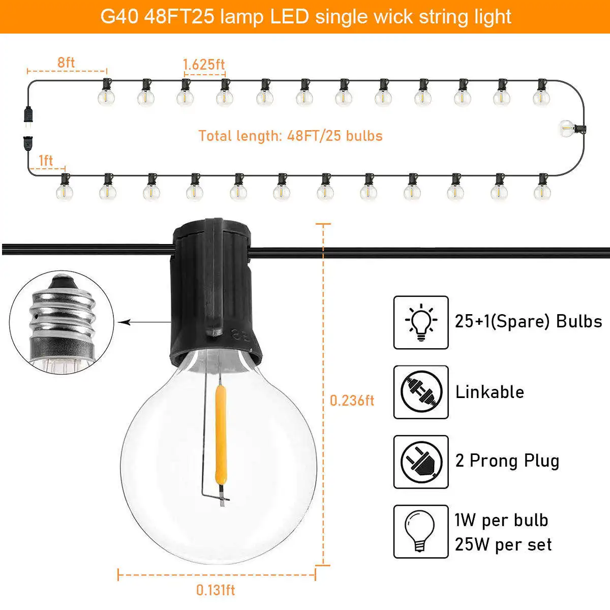 Waterproof 20 Led String Light Outdoor Fairy Lights Garland G40Bulbs Garden Patio Wedding Christmas  Light Chain