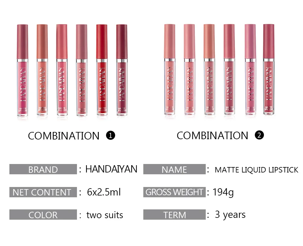 HANDAIYAN waterproof cosmetic liquid lipstick halal matte Non Staining Cup Moisturizing Lipstick 6 Lip Color Glaze Set Wholesale