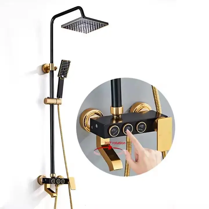 Samiyah Space Aluminum Black Gold Bathroom Rainfall Shower Set 3 Function Shower Combo cold mixed hot water valve faucet