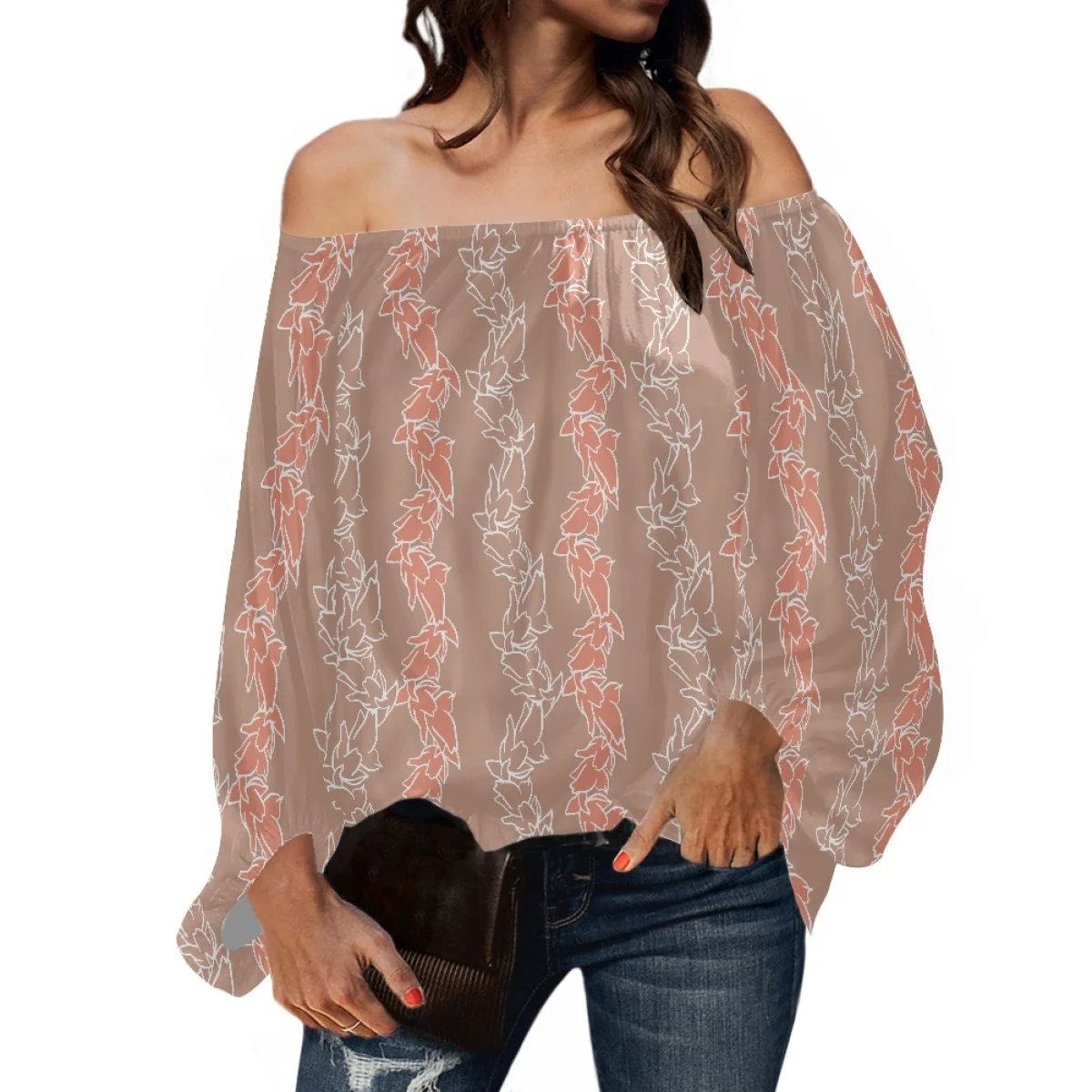 Print On Demand Off Shoulder Blouse For Women Custom Hawaiian Lei Flower Pattern One-Shoulder Chiffon