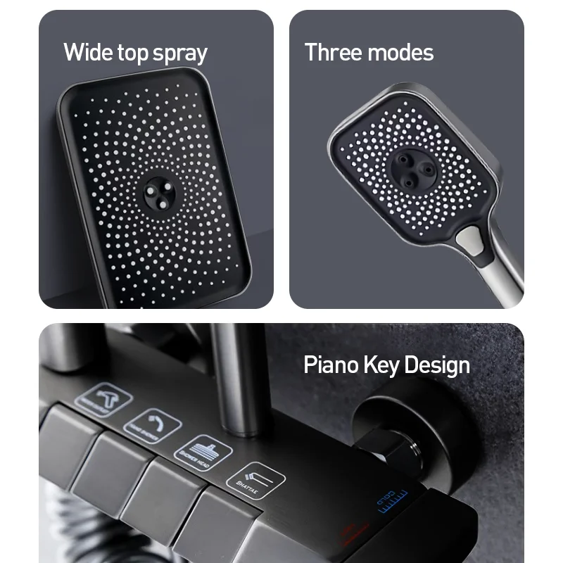 High Quality Black Brass Thermostatic Piano Key Valve Shower Head Mixer Shower System Faucet Sets