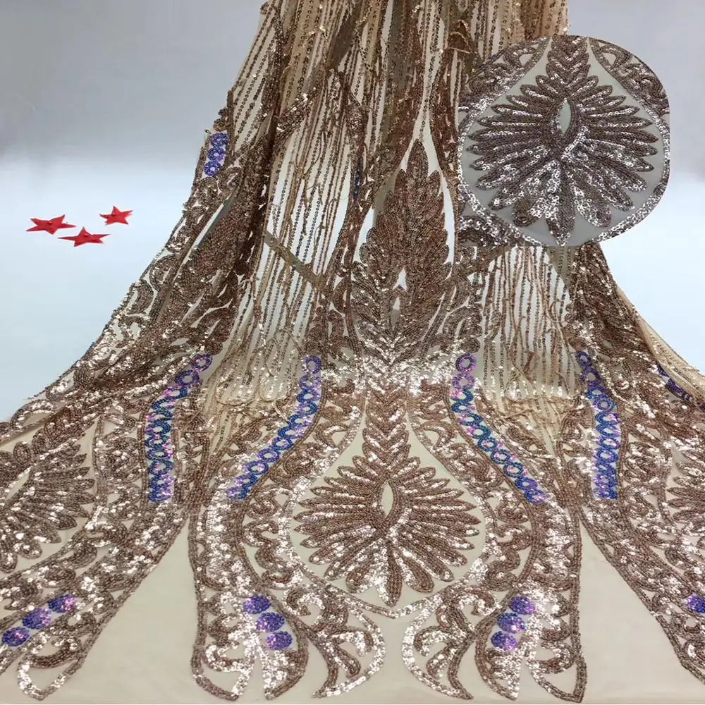High quality stretch  gold stock sequin tassel mesh fabric