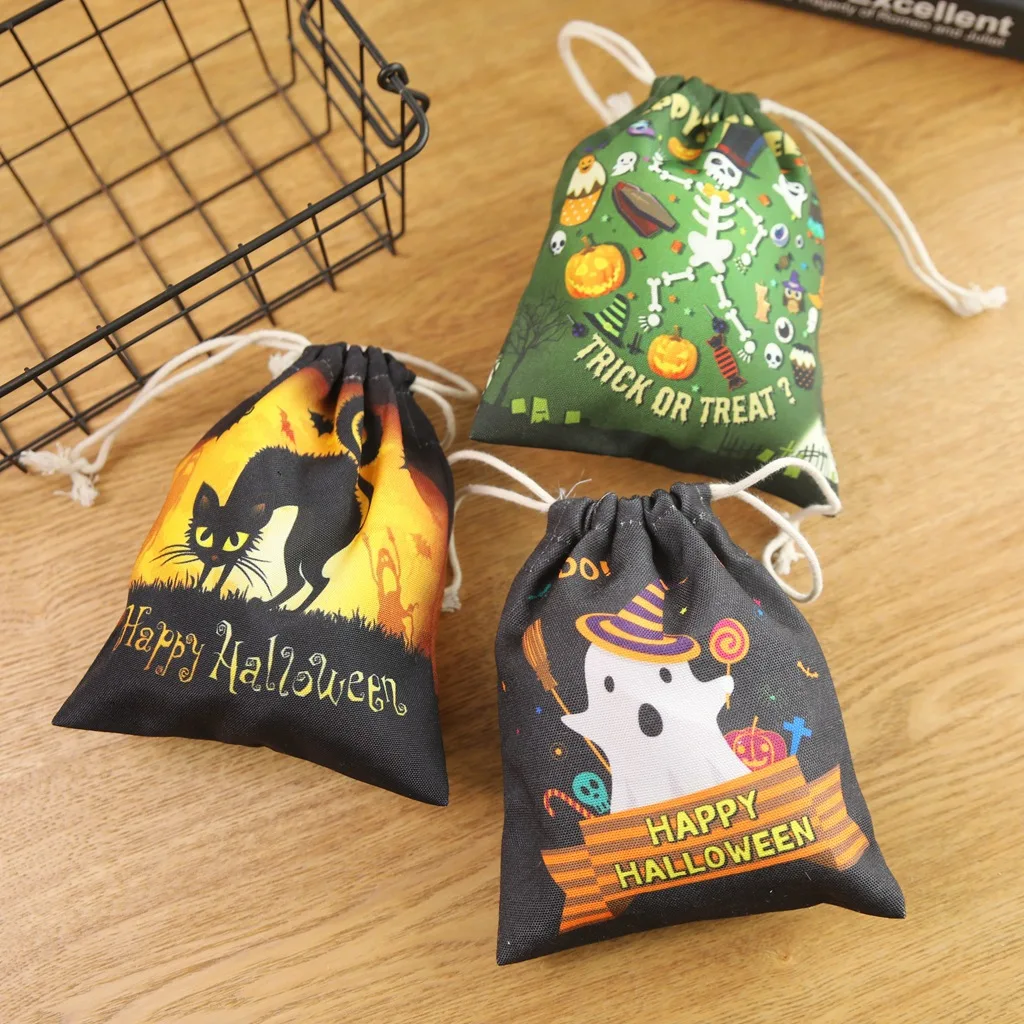 Amazon Hot Sale Wholesale In Stock Halloween Party Supplies Fashion Custom Cotton Canvas Drawstring Candy Bag For Promotional