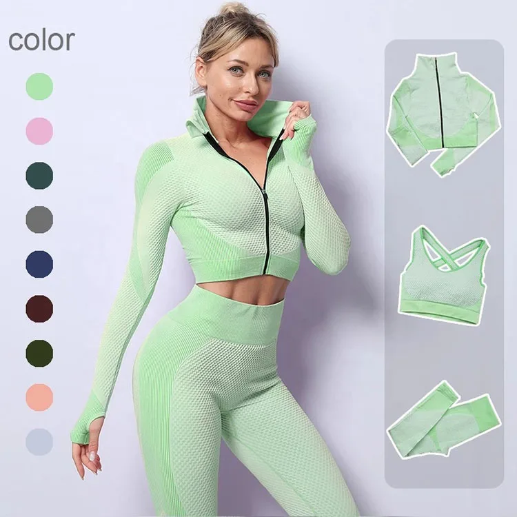 Women Outfits Conjuntos Deportivos Gray Seamless Sports Yoga Three-Piece Suit Breathable Zipper Jacket Sports Bra Yoga Pants