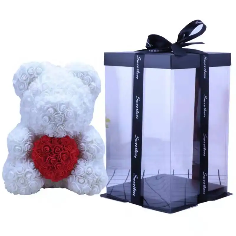 Yunnan wholesale decoration flower rose bear artificial eternal flowers pe foam 40 cm rose teddy bear in gift box