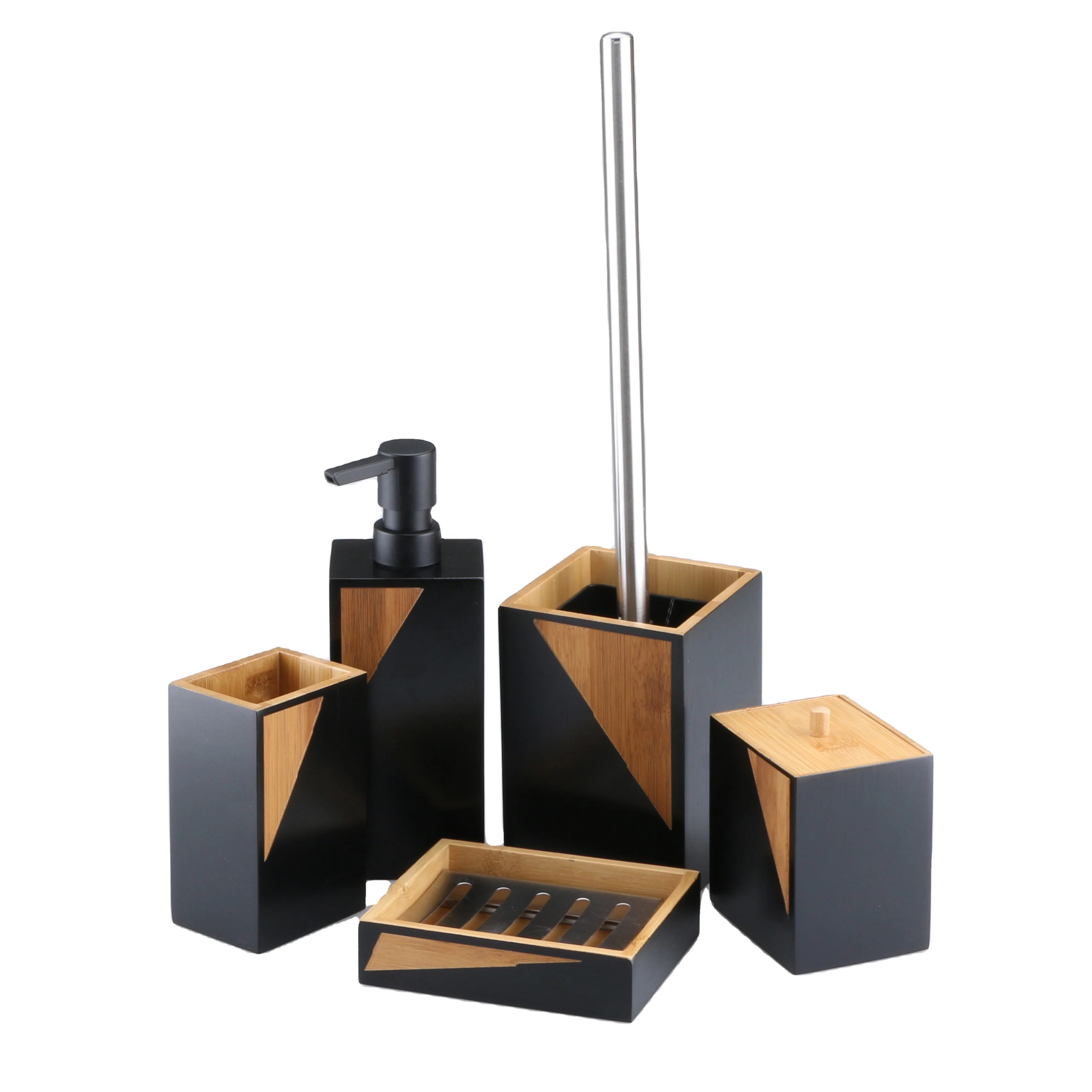 Hot sale soap dispenser tumbler toilet brush holder soap dish for hotel home bamboo bathroom accessories