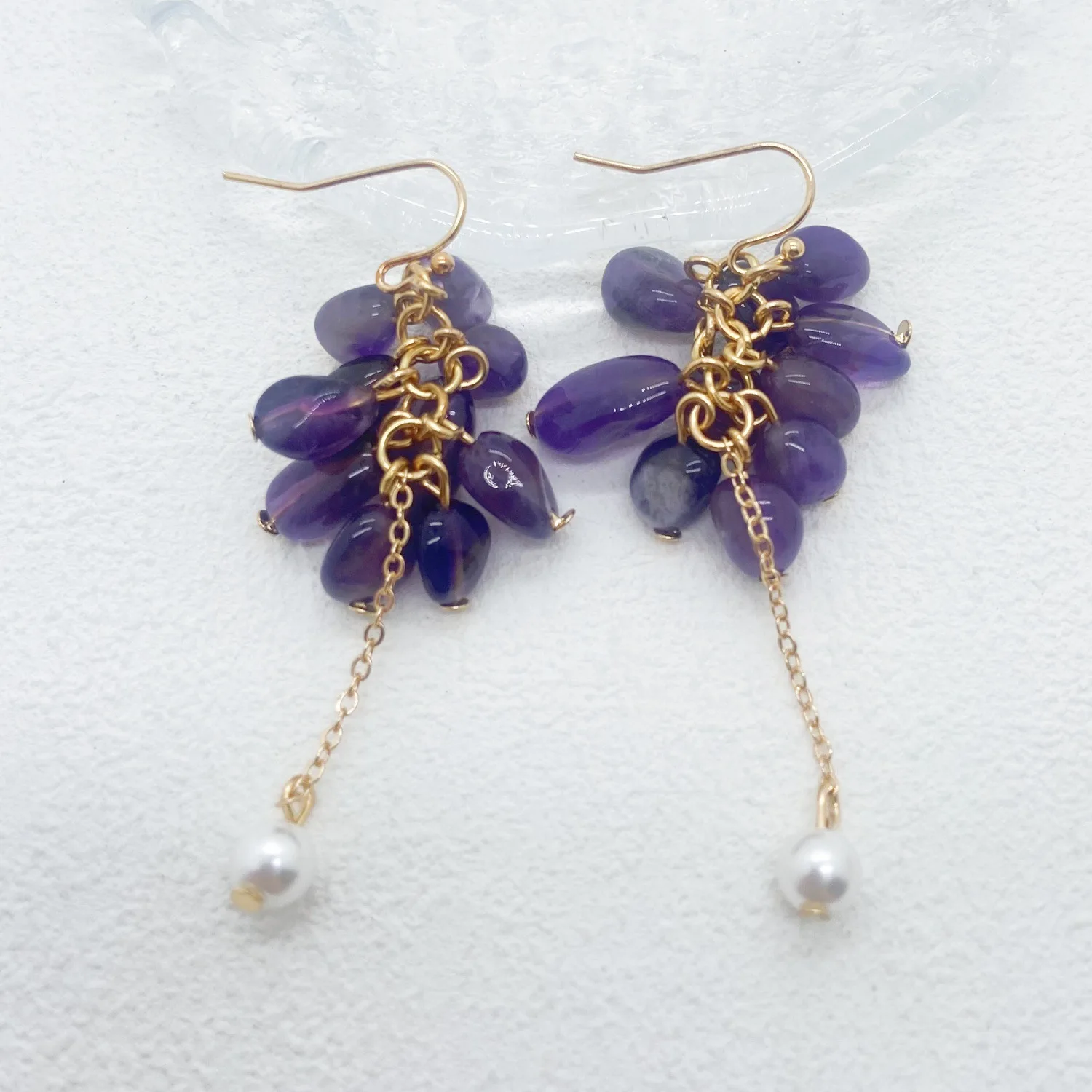 Elegant Mori Style Long Earrings Bauhinia Hand-Made Natural Crystal Amethyst Tassel Gold Plated Fresh Ear Hook Diamond Pearl