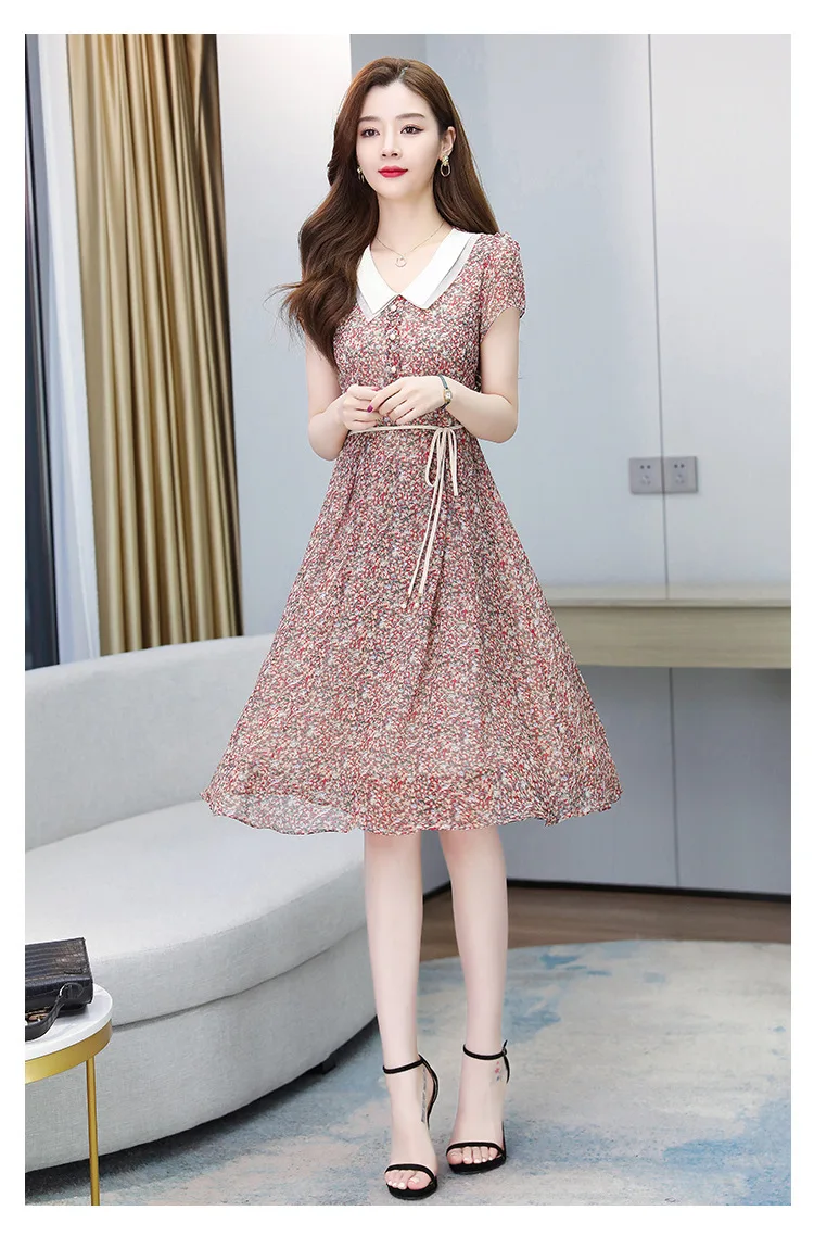 Новое летнее платье с цветочным принтом, женское платье, с коротким рукавом, с воротником в кукольном стиле шифоновое платье с завязкой на талии