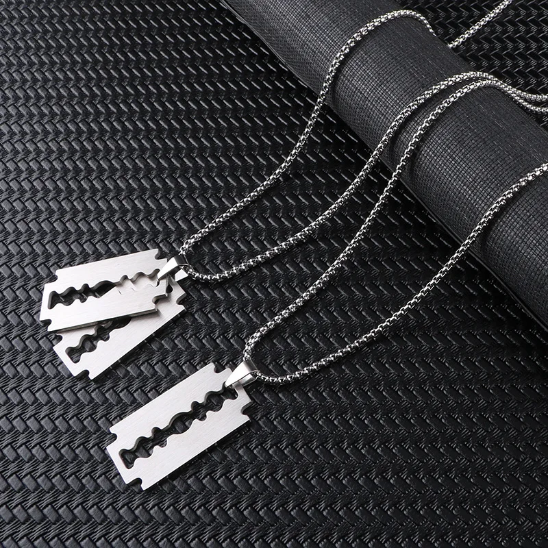 Silver Color Titanium steel Razor Blades Pendant Necklaces Men Jewelry Steel Male Shaver Shape Sweater Necklace Gifts