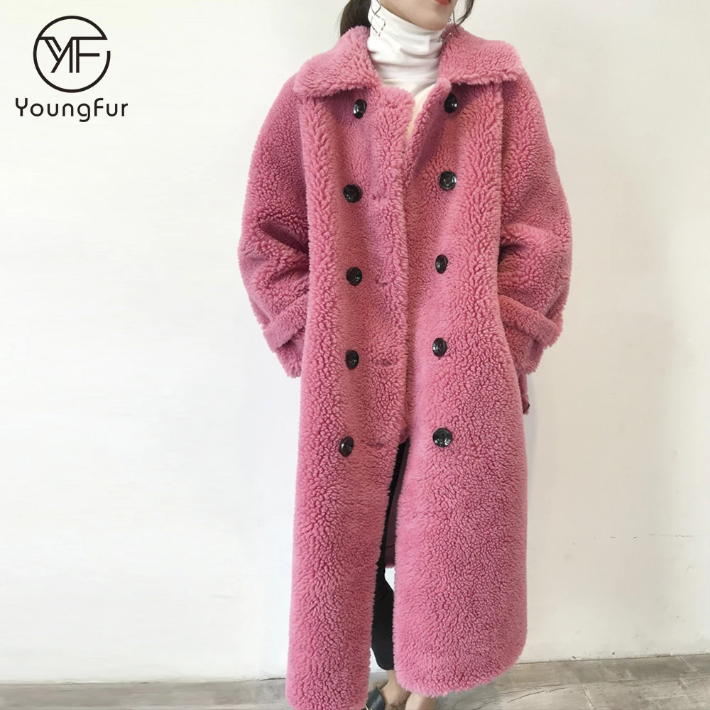 2019 Fashion Beige Navy Hot Pink Sheepskin Coat Shearling Lamb Fur Jacket Winter Women Girls