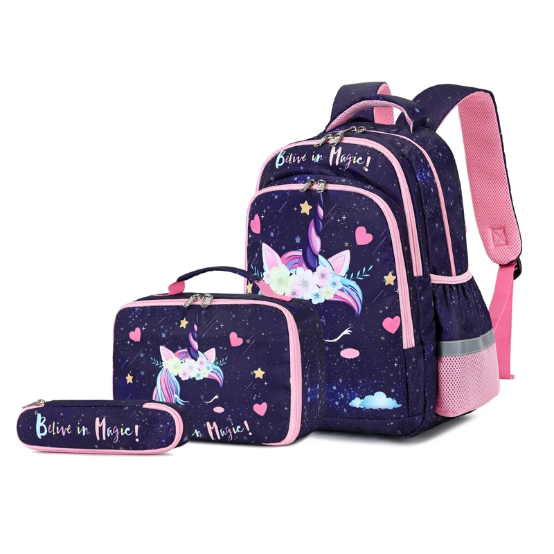 Custom fashion unicorn girls children kids backpack set school bag with lunch bag