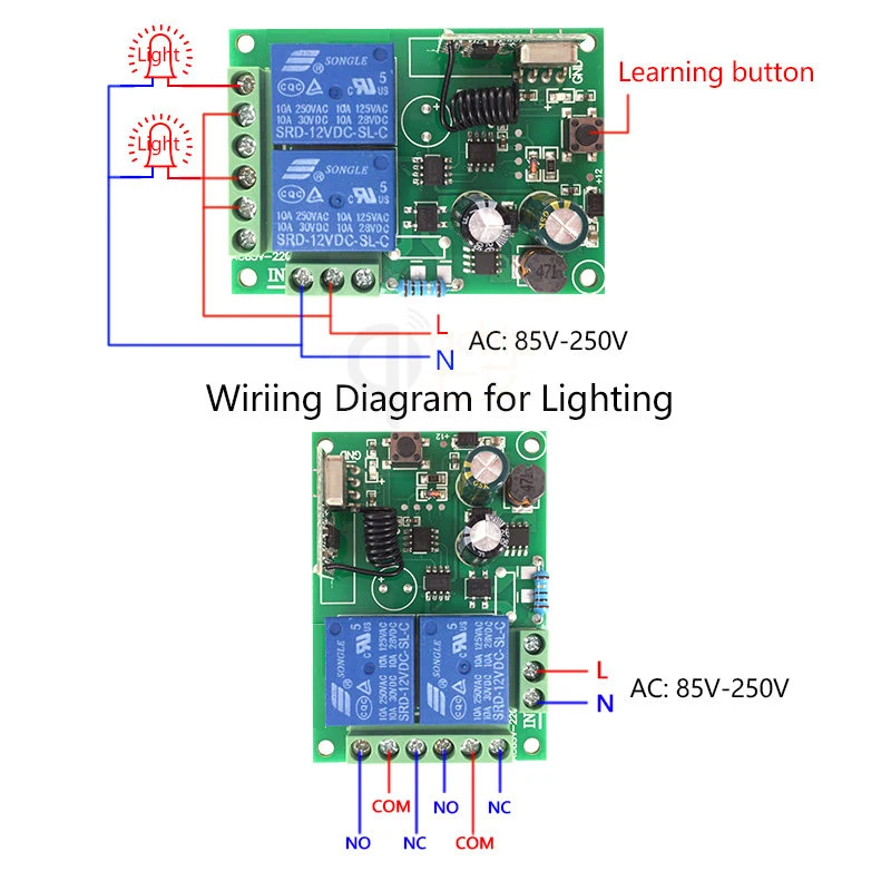 433Mhz Universal Wireless Remote Control Switch AC 220v 110V 120V 2CH Relay Receiver Module and 2pcs RF 433 Mhz Remote Controls