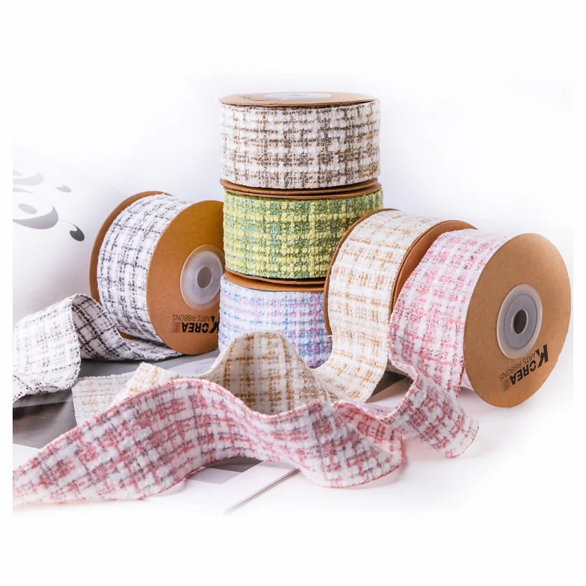 Plaid Polyester Fabric Ribbon Small Fragrant Wind Ribbon For DIY Handmade Material Hair Bow Craft Wrapping