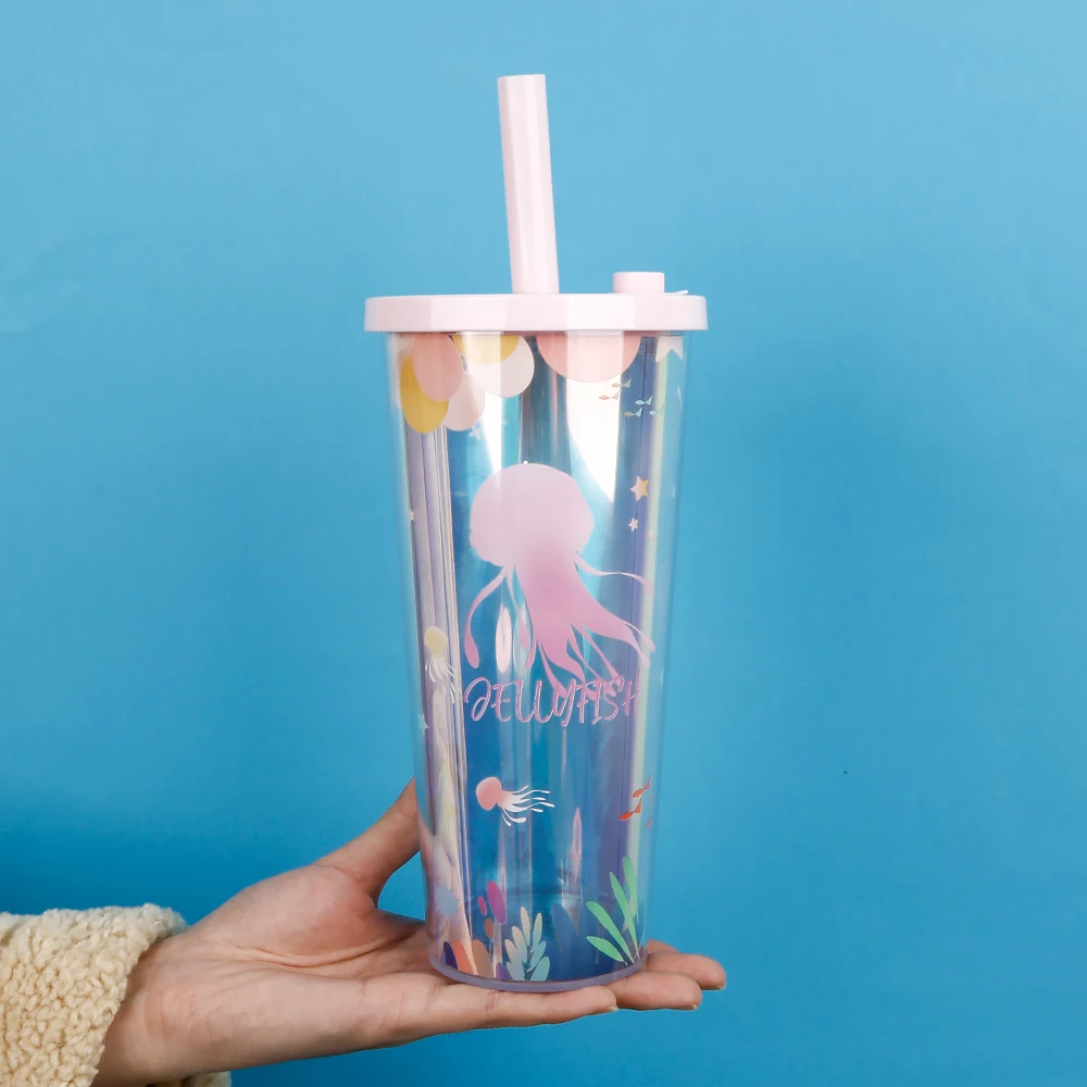 Hot Sale Hologram Double Wall Acrylic Tea Cups With Lid and Straw, Eco friendly 700ML Wide Mouth Boba Tea Cups