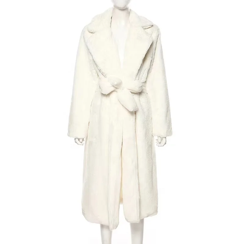 Fluffy  Oversize Faux Fur Coat Winter Warm Long White  Women with Hood Lapel Sashes Loose Korean Fashion 2021 Outerwear